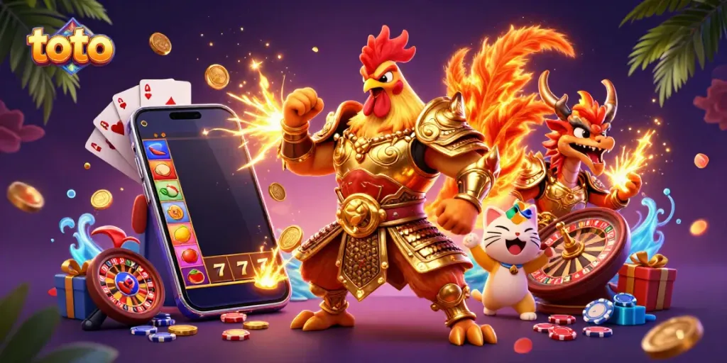 Slot permainan toto dengan ayam jantan berperang dan naga, simbol keberuntungan.