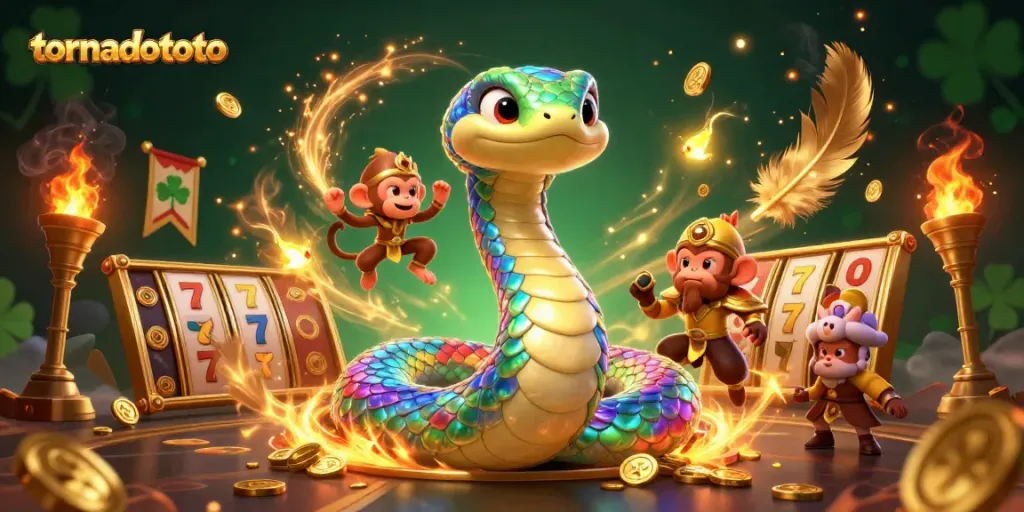 Experience the thrill of tornadototo with a vibrant scene featuring a rainbow serpent, a monkey king, and exciting slot elements.