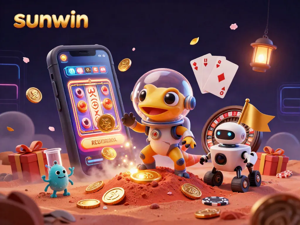 Experience the vibrant gaming world of sunwin with an animated Martian gecko uncovering a hidden casino on Mars.