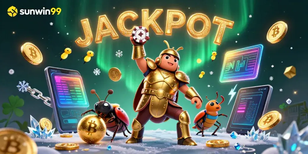 Spin the sunwin99 jackpot with a victorious beetle in a vibrant casino scene.