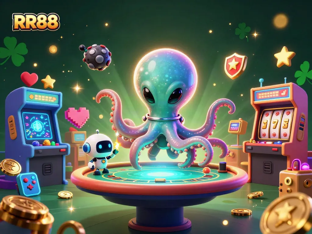 Experience thrilling gaming adventures at RR88 with a dazzling alien octopus and vibrant casino elements.