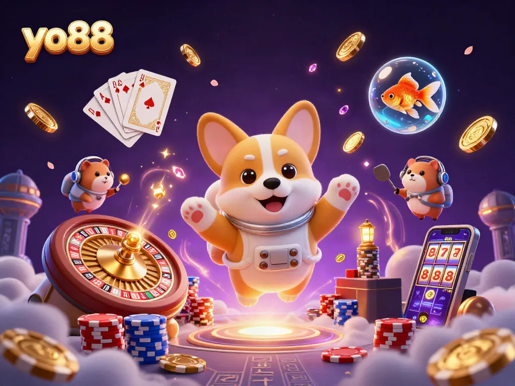 Experience the excitement of yo88's gaming cosmos, featuring a corgi astronaut and thrilling casino elements.