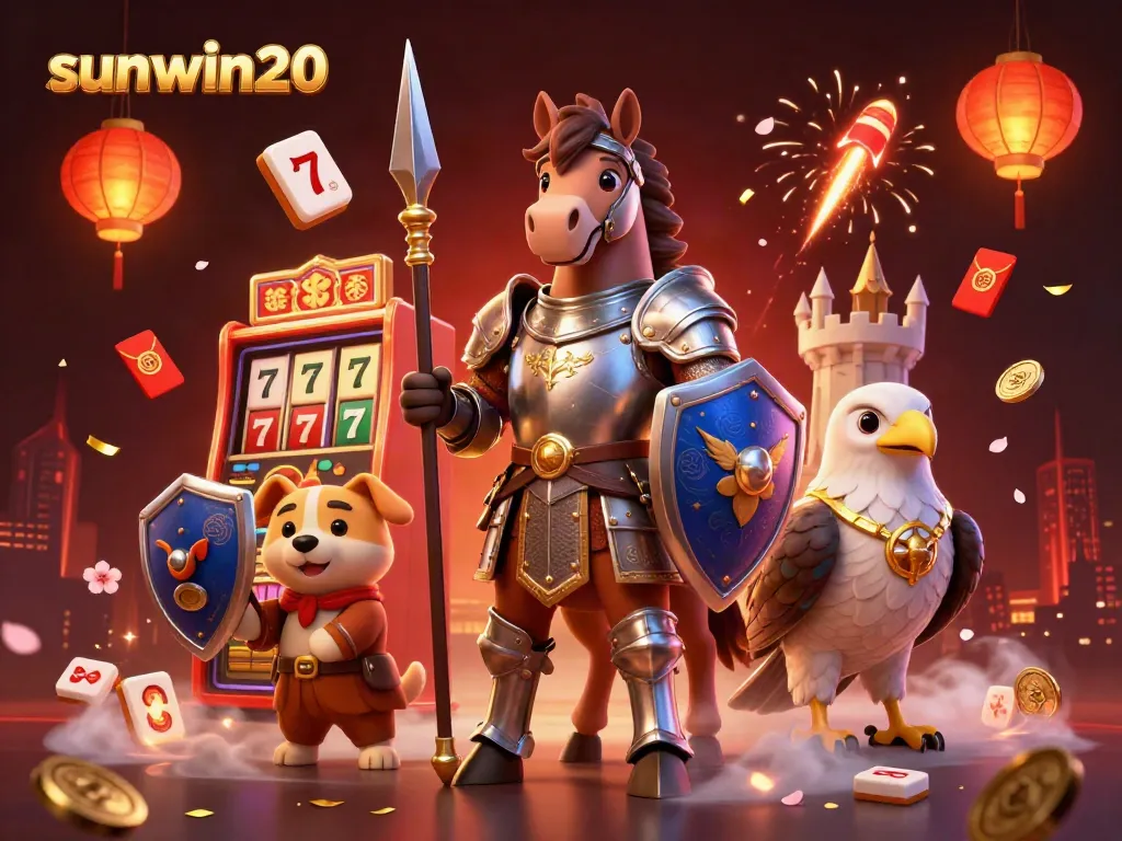 Experience sunwin20 action in a vibrant 3D scene featuring a knight, squire, and falcon amidst casino elements.