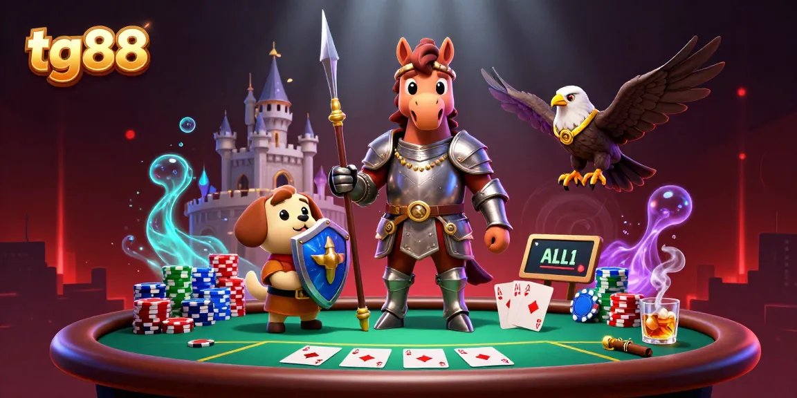 Engage with tg88's vibrant casino scene, showcasing a knight, puppy, falcon, and immersive poker elements.