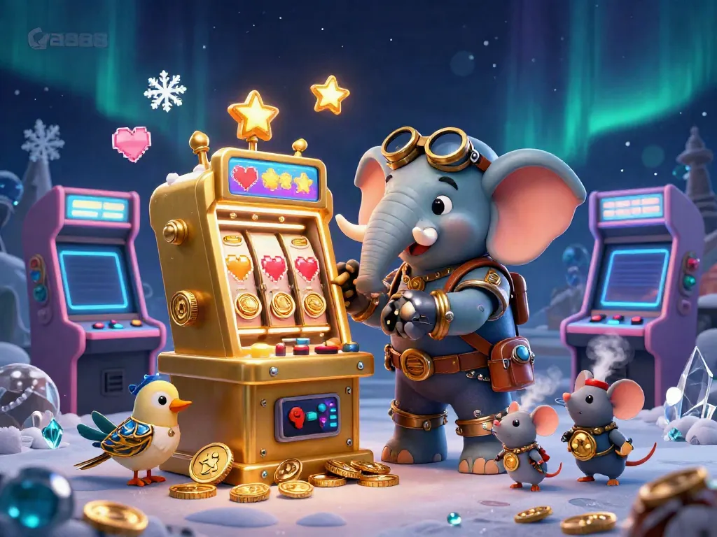 Experience thrilling action at ga888 with a steampunk elephant and friends by a golden slot machine, surrounded by vibrant game elements.