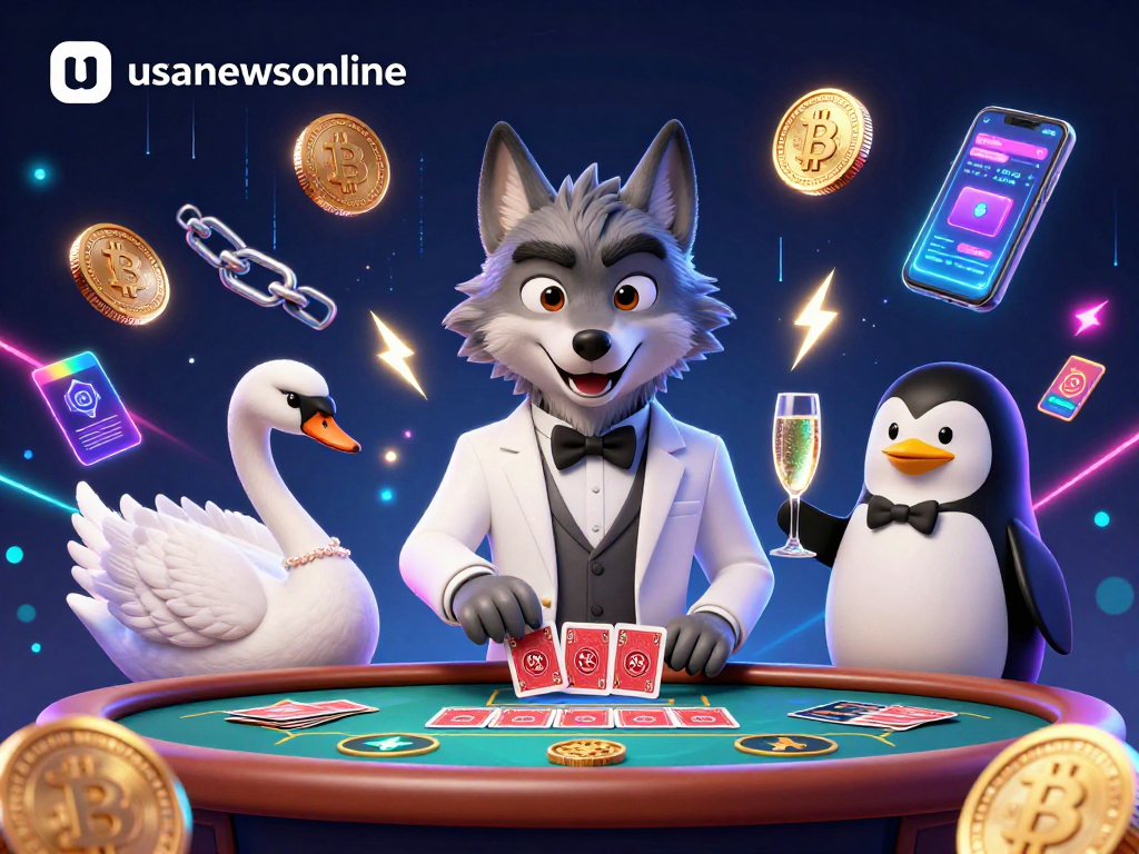 Delve into the vibrant world of usanewsonline with animated casino characters and cryptocurrency elements.