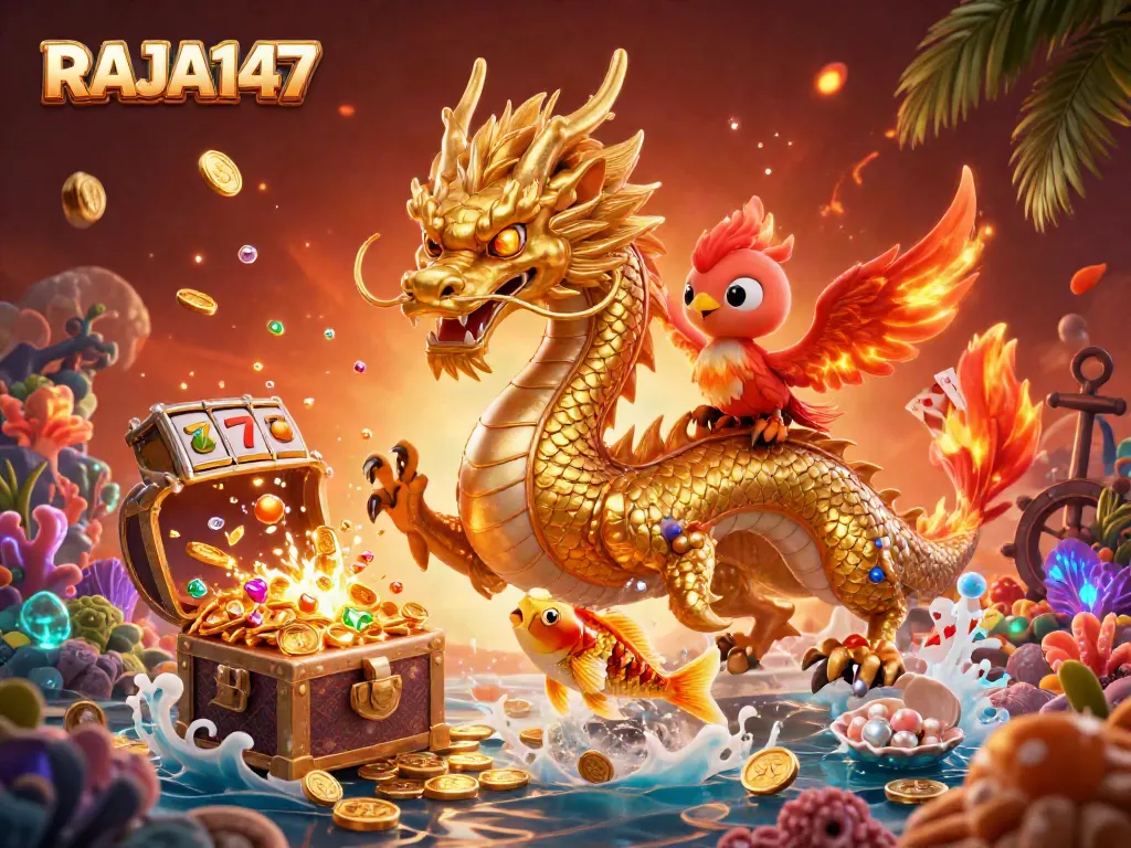 Experience the thrill of slots with RAJA147, featuring dynamic casino elements and vibrant characters.