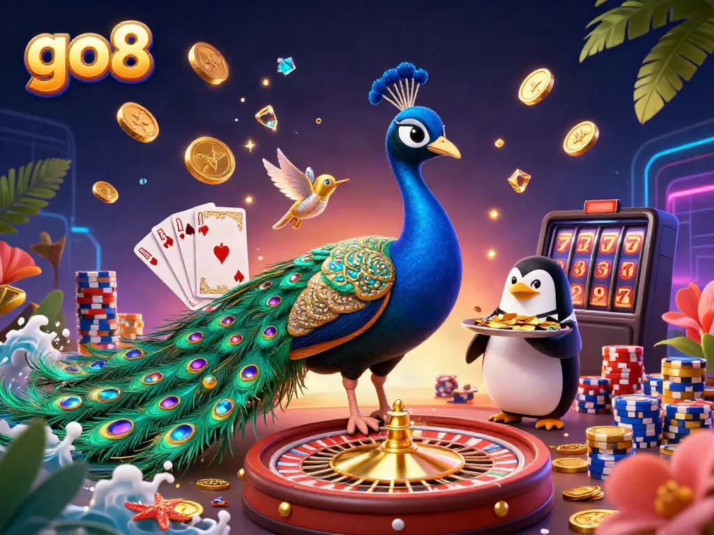 Experience winning strategies at go8 with an opulent peacock, penguin butler, and sparkling gems in a vibrant casino scene.