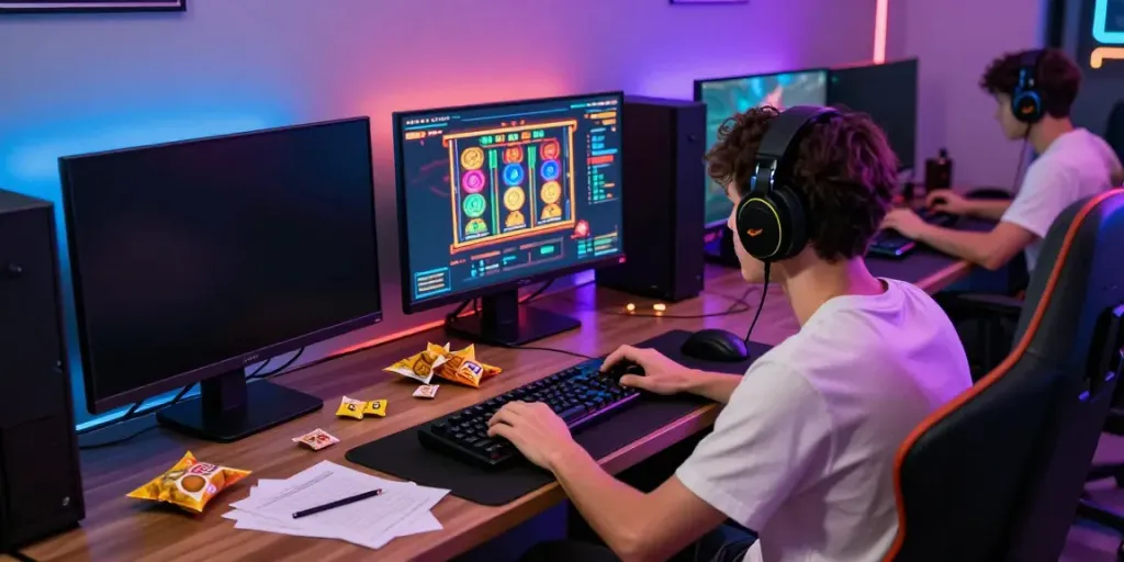 Player engaged with janji33 resmi slot game on a vibrant gaming setup.