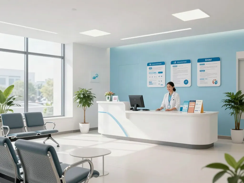 A modern healthcare facility promoting situs toto services with friendly staff and comfortable patient care environment.
