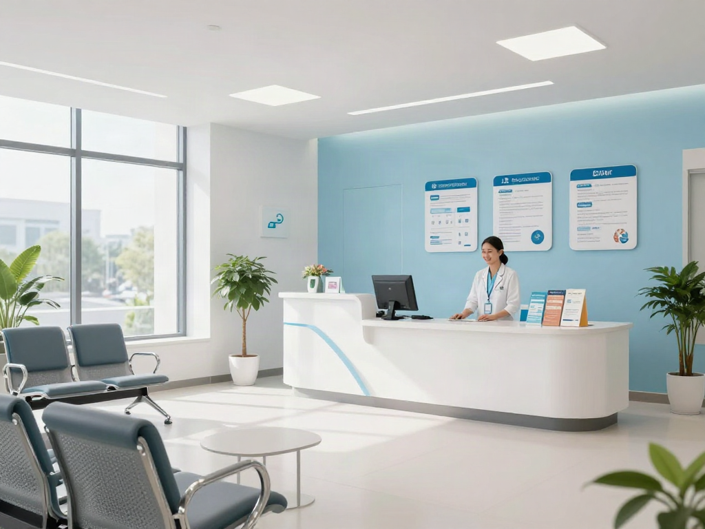 A modern healthcare facility promoting situs toto services with friendly staff and comfortable patient care environment.