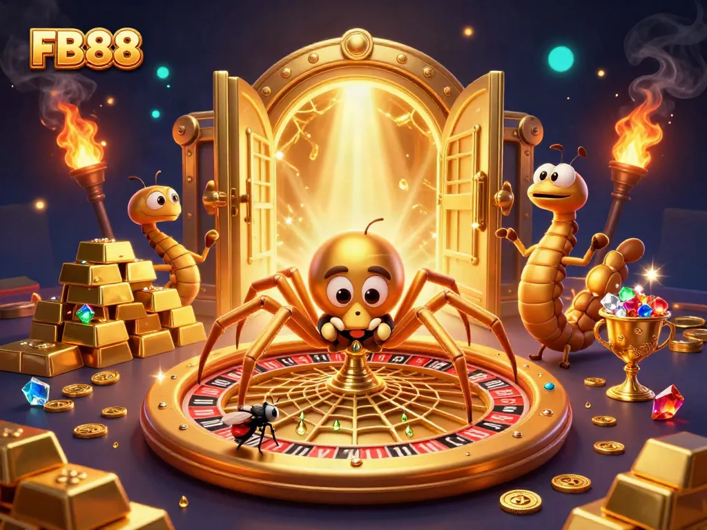 Bet at FB88 with excitement as a golden spider spins a roulette wheel web filled with jewels.
