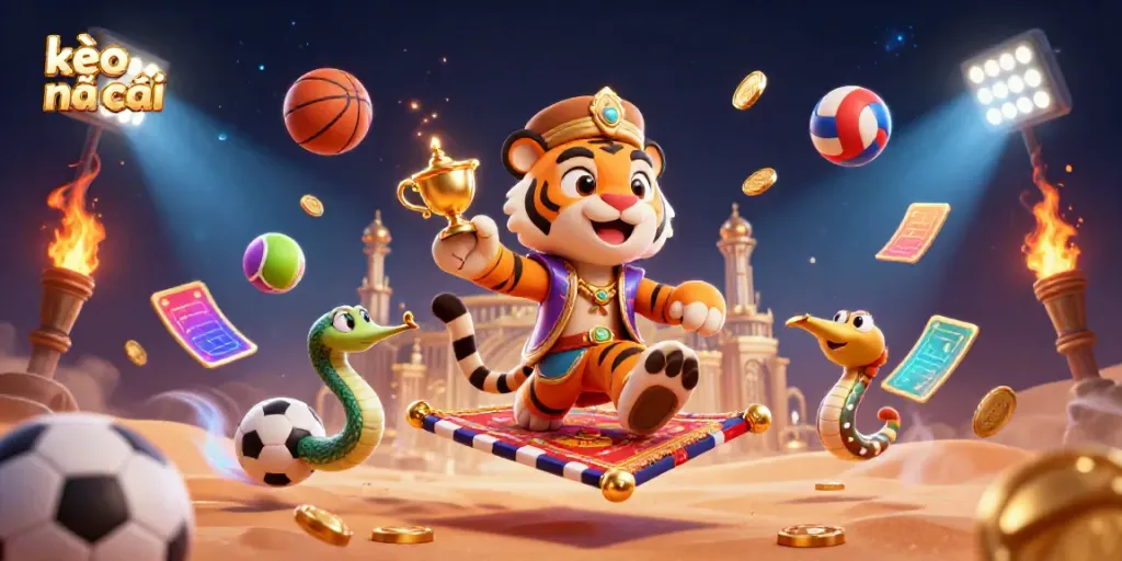 Experience the excitement of kèo nhà cái with a vibrant 3D scene featuring a sultan tiger on a flying carpet amidst dynamic sports elements.