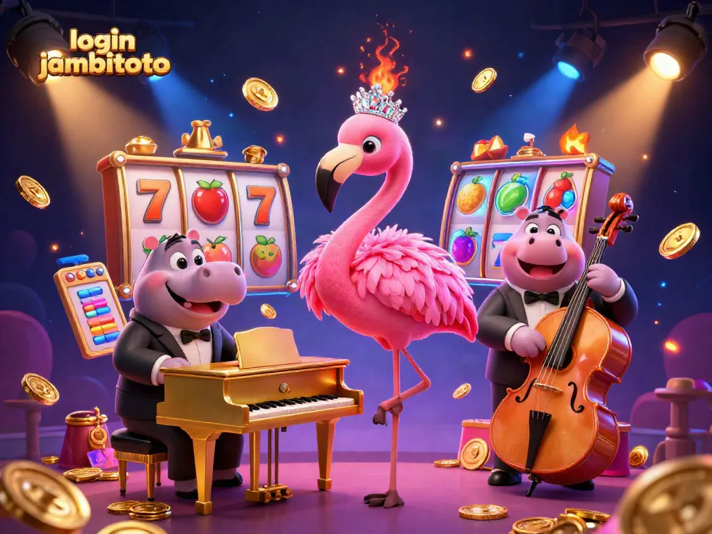 Immerse in the vibrant casino scene featuring login jambitoto with a lively flamingo singer and hippo bassist surrounded by spinning slot reels and glowing coins.