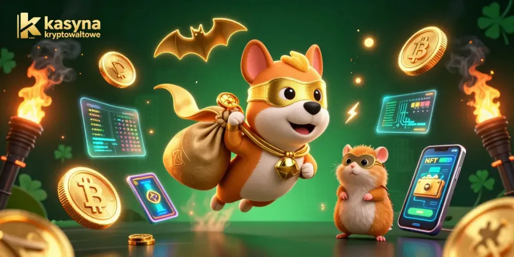 Engage with kasyna kryptowalutowe featuring a superhero dog and cryptocurrency themes in action.
