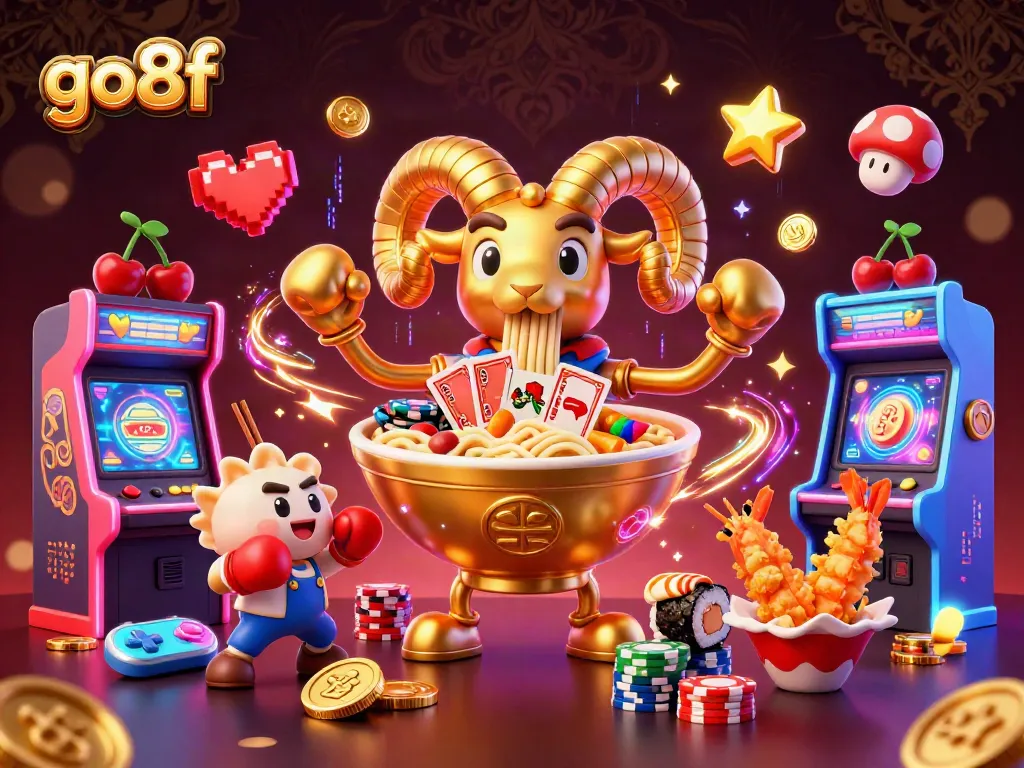 Experience the excitement of go8f with a vibrant casino scene featuring characters and arcade elements.