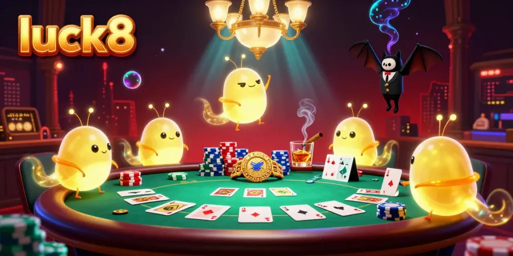 Experience luck8 casino magic with glowworms lighting a vibrant poker scene.