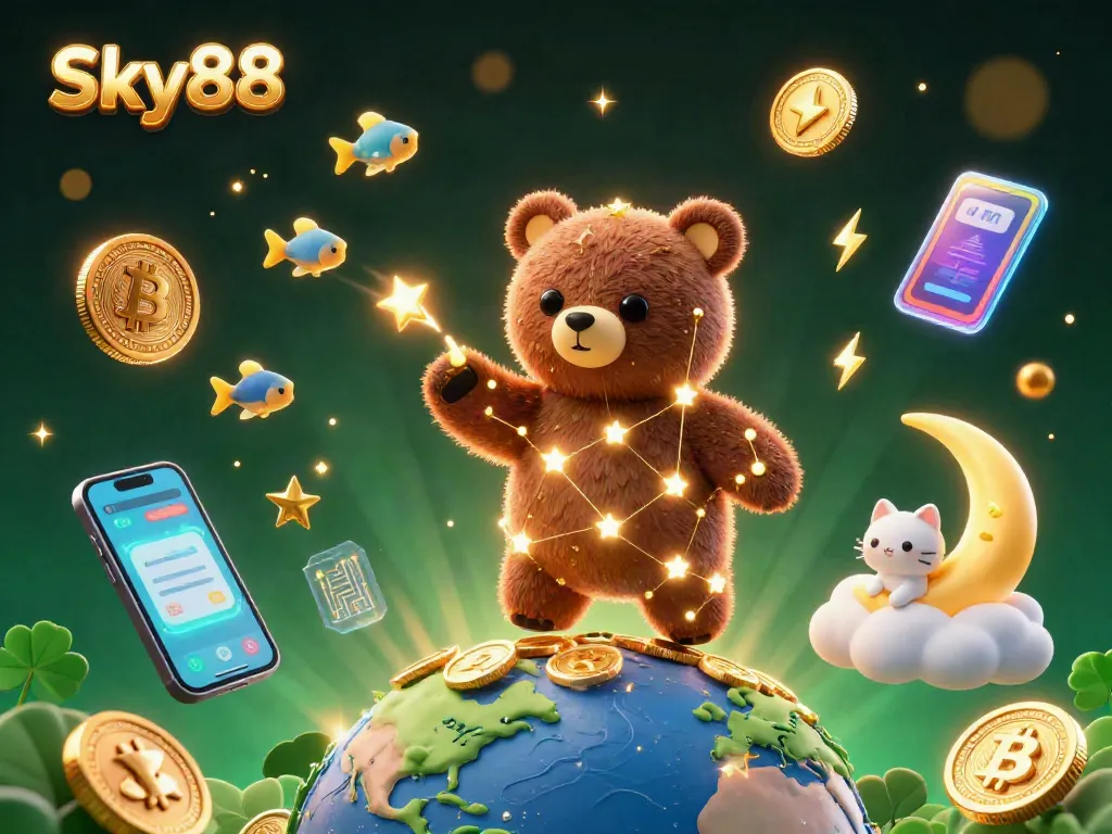 Uncover the magic of Sky88 as a constellation bear collects coins in a vibrant casino-themed 3D illustration.