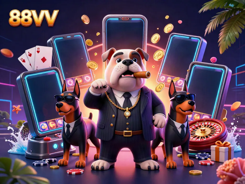 Experience the thrill with 88VV as characters engage with vibrant casino game elements in a lively scene.
