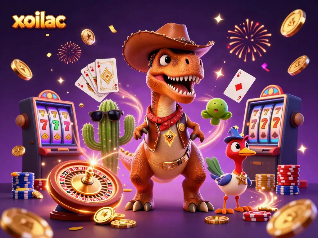 Xoilac's exciting casino experience exemplified in a vibrant 3D illustration of characters amidst flying coins.