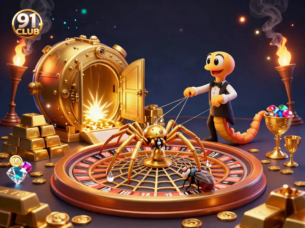 Engaging scene showcasing 91 CLUB with a roulette wheel, golden spider, and croupier in a lively casino atmosphere.