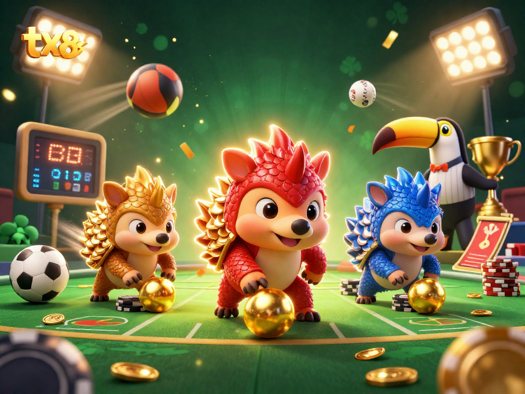 Experience thrilling competition at tx88 with rival pangolins bowling through poker chips, celebrating wins.