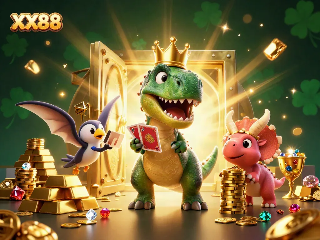 Experience thrilling games at XX88 with cartoon characters celebrating high stakes and vibrant casino action.
