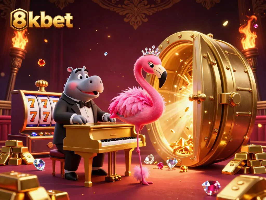 Engage with vibrant casino action at 8kbet featuring a flamingo singer and luxurious golden treasures.