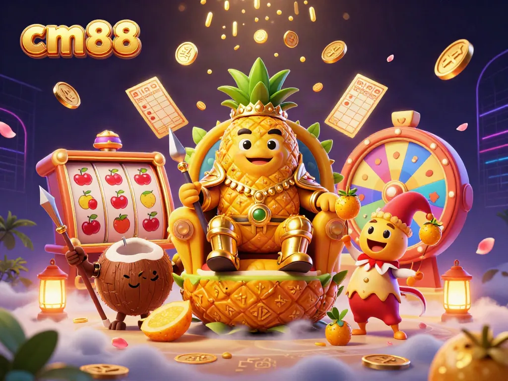 Experience the fun of cm88 with a vibrant 3D casino scene featuring a golden pineapple king and dynamic game elements.