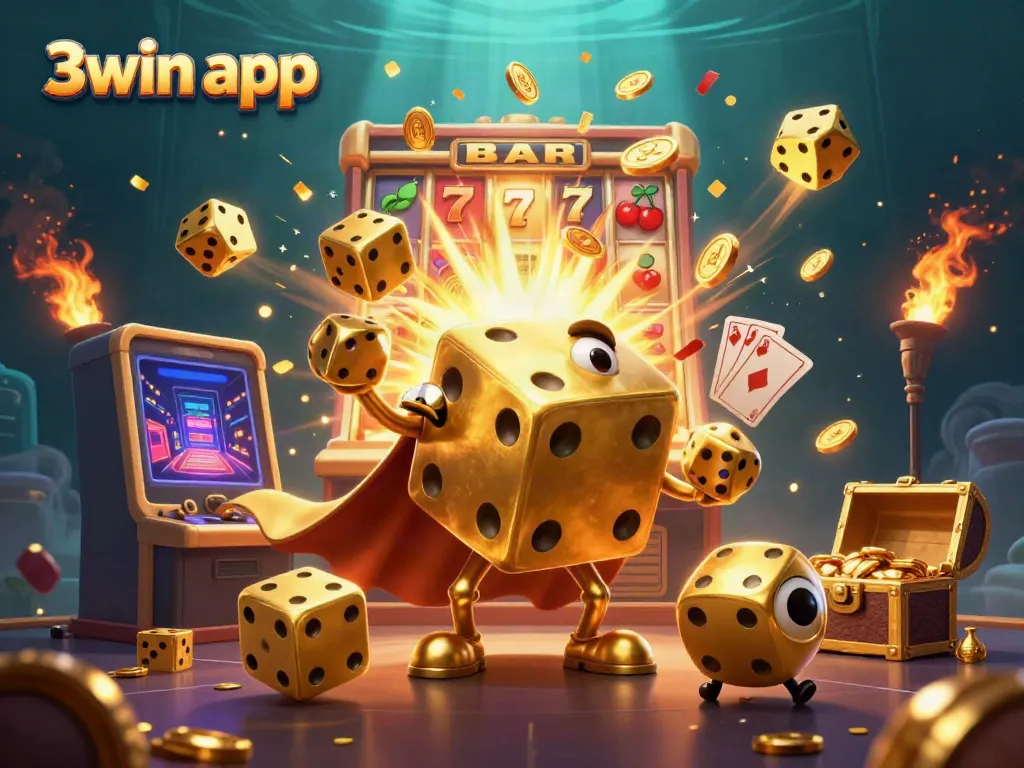 Experience the excitement of the 3win app with an illustrated casino scene featuring dynamic gaming elements.