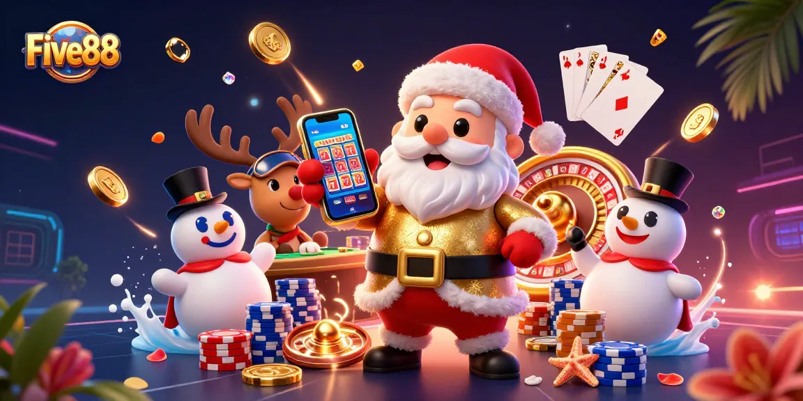 Spin to win at Five88 with Santa holding jackpot slots in a festive casino scene.