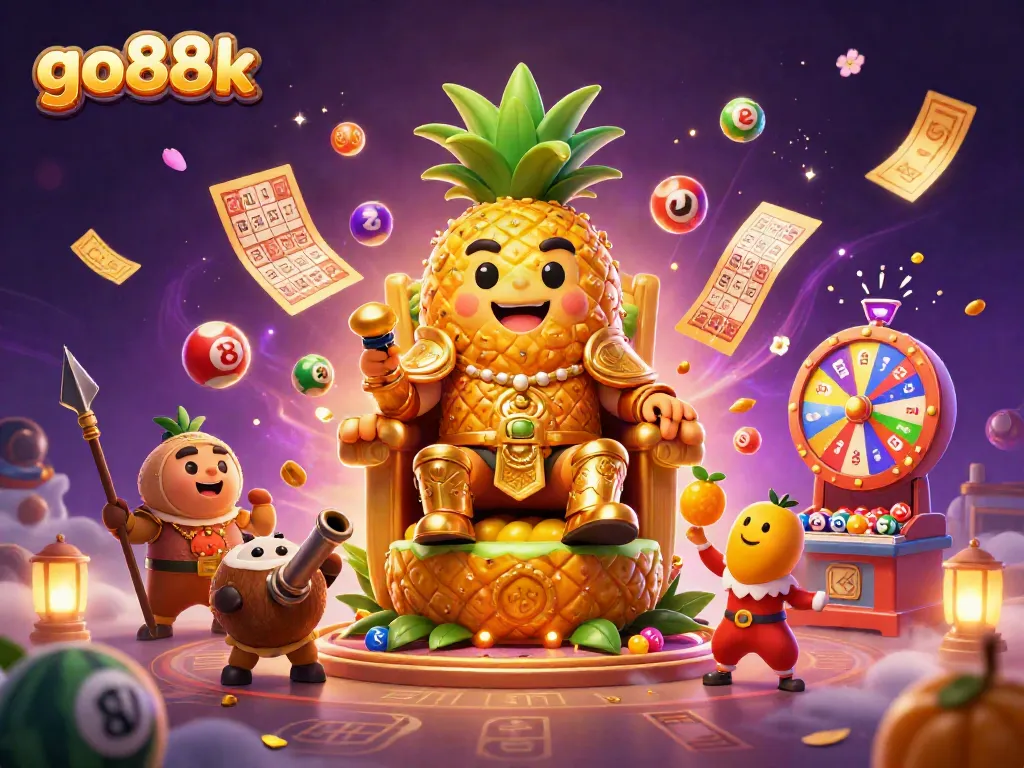 Engage with go88k's vibrant casino theme featuring the golden pineapple king and lively game dynamics.