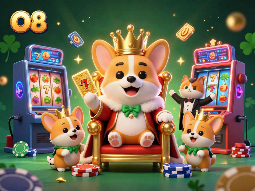 Engage with O8's vibrant scene featuring a royal corgi on poker chips amidst dynamic casino elements.