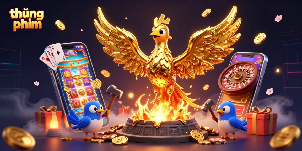 Join the excitement of thúng phim with a golden phoenix heralding casino wins and treasures.