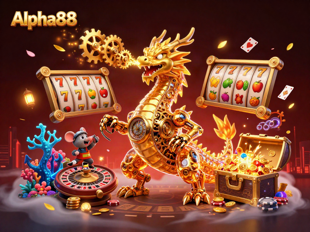 Engage in the vibrant world of Alpha88 with a colorful 3D casino scene featuring dynamic games and characters.