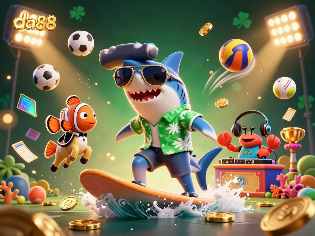 Engage in da88 gaming with a vibrant scene showcasing underwater characters, sports, and casino elements.