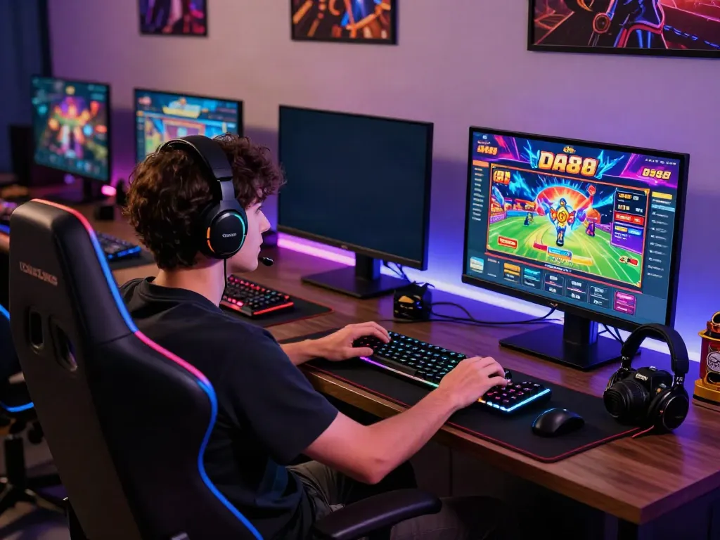 Player enjoying online gaming at DA88 with vibrant setups and accessories