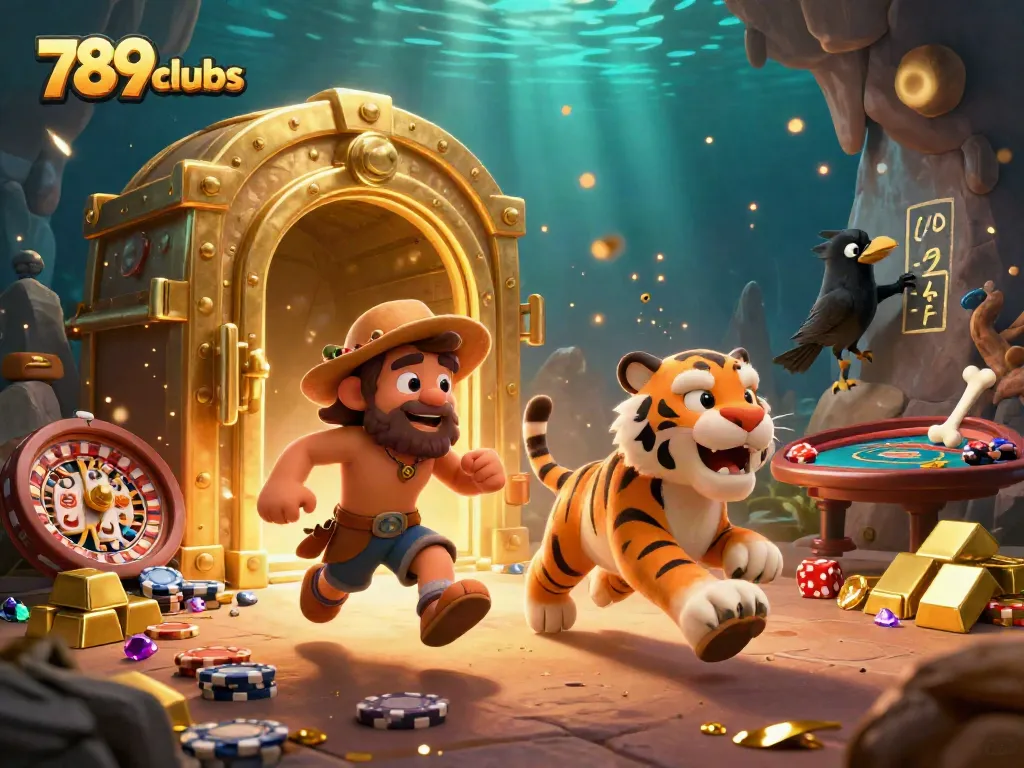 Experience the thrill of gaming at 789clubs with an exciting cartoon casino scene filled with gold and gems.