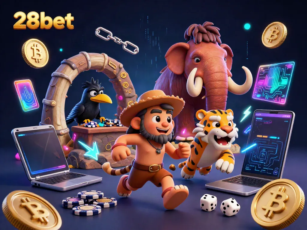 Experience the thrill of 28bet at a vibrant prehistoric casino with unique characters and dynamic gaming elements.