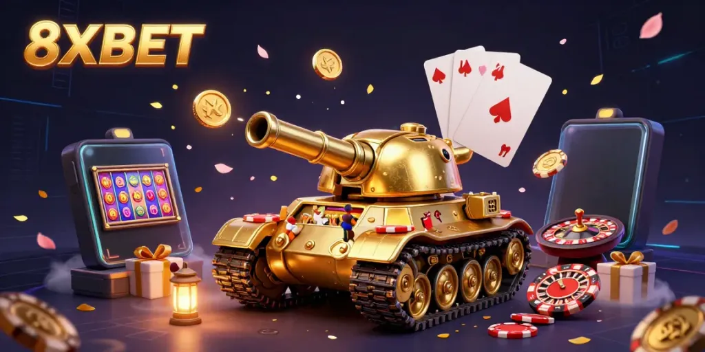 Experience thrilling 8XBET action with a vibrant 3D casino scene featuring a golden beetle tank, slot games, and confetti bursts.