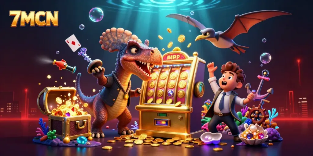 Catch the jackpot with 7MCN as a dinosaur headbutts a golden slot machine in a vibrant casino.