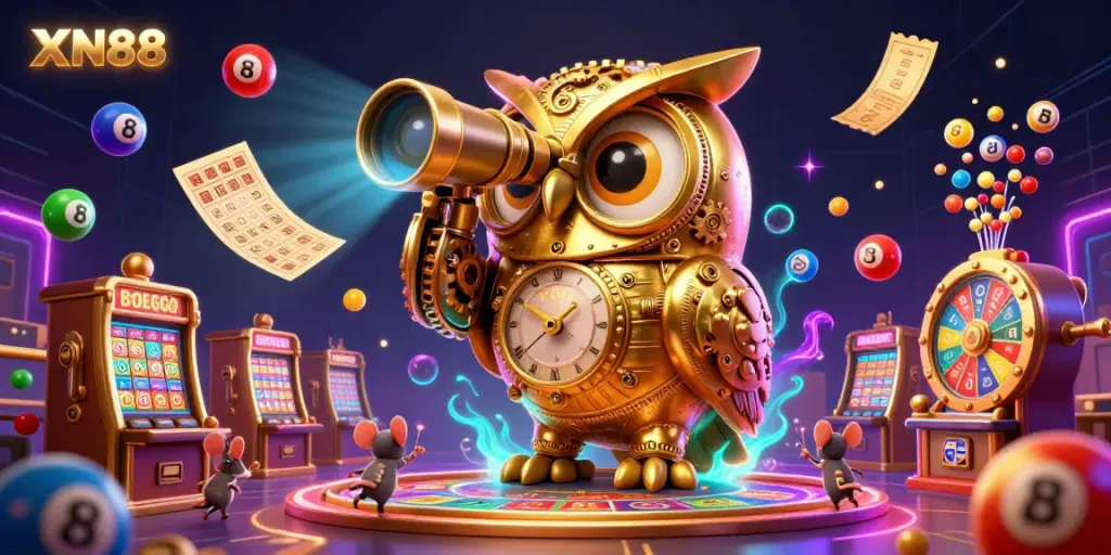 Experience fun and excitement with XN88 at a vibrant casino, showcasing an owl, slot machines, and lottery balls.