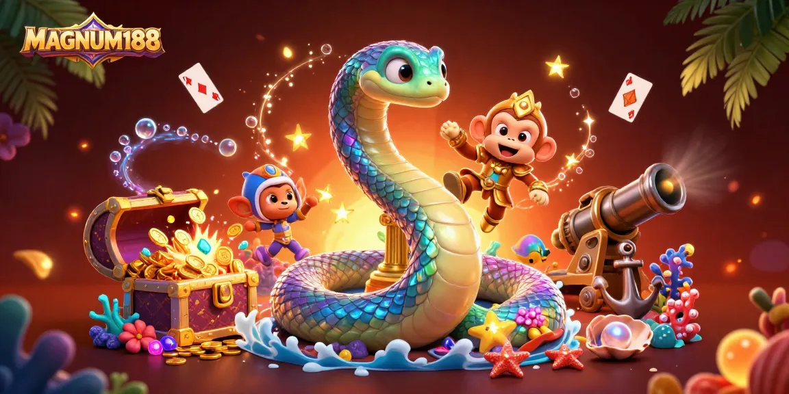 Experience the excitement of MAGNUM188 with vibrant 3D characters amid treasures and game elements.