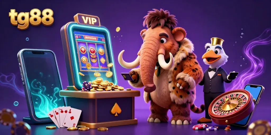 Experience the thrill of tg88 with a magical casino scene featuring a mammoth bouncer, VIP saber-tooth, and vibrant slot action.