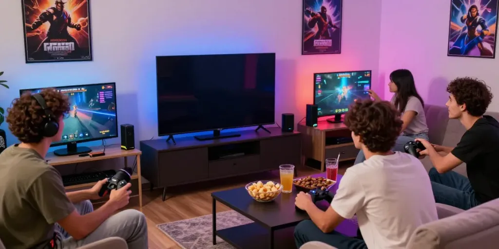 Kilat404 gaming experience with friends enjoying multiplayer games in a vibrant atmosphere