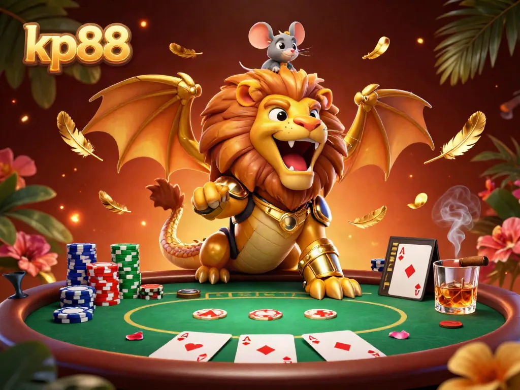 Engage with kp88's thrilling gaming experience featuring a chimera cheering atop a poker table.
