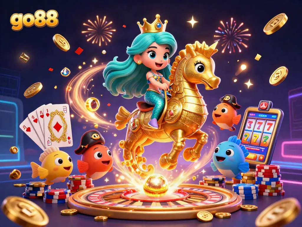 Experience thrilling wins with go88 in this vibrant casino-inspired scene featuring mermaids and treasure.