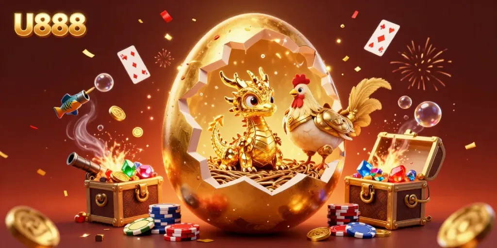 Experience thrilling gameplay with U888: a baby dragon on poker chips among shimmering treasures.