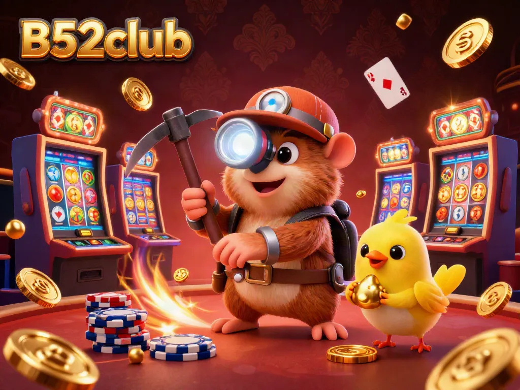 B52club vibrant casino scene with a mole and canary, showcasing gaming excitement and winning opportunities.