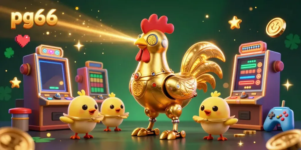 Experience thrilling gameplay at pg66 with the golden rooster and baby chicks amidst vibrant casino elements.